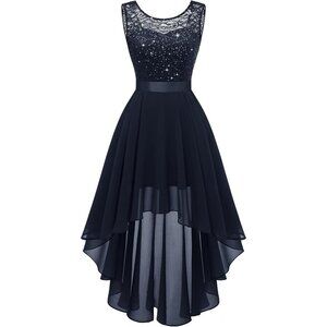 BeryLove Women Navy Chiffon Scoop Neck Sleeveless Lace Cocktail Formal Dresses